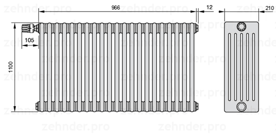 Схема (чертеж) Радиатор Zehnder Charleston 6110/21 №V012 Белый глянцевый RAL 9016